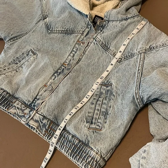 BDG Urban Outfitters Blake Denim Hooded Bomber Jacket Soft Sherpa Lining- Large - Picture 10 of 14